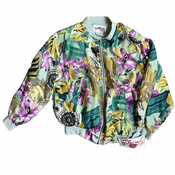 Womens Bomber Jacket Silk Floral Small Coat‎ Bright Cottage Granny Core - Picture 1 of 8